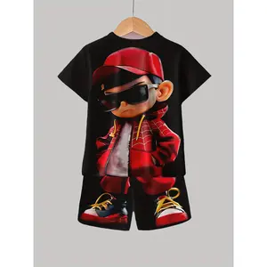 Summer Essentials, Boys' Casual 3D Printed T-Shirt & Shorts Set - Vibrant Cartoon Character Design, Comfortable Polyester, Machine Washable, Perfect for Summer Outdoor Play, Perfect for Outdoor