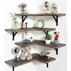 Set of 4 Corner Floating Wall Shelves – 16.3'' Rustic Brown Hanging Display for Living Room, Bedroom, or Kitchen – Space-Saving Wall-Mounted Storage Decor Black Gold