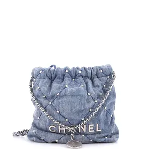 Pre-owned CHANEL Denim Shoulder Bags 22 Chain Hobo Quilted Studded Mini by Rebag