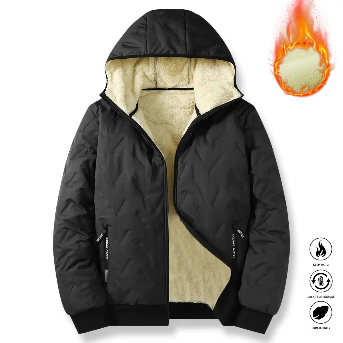 Men's Hooded Athletic Coat - Insulated Outerwear, Solid Polyester Shell, Thermal Lining, Fleece Hood, Zipper Pockets, Sporty Jacket for Winter Outdoor Activities
