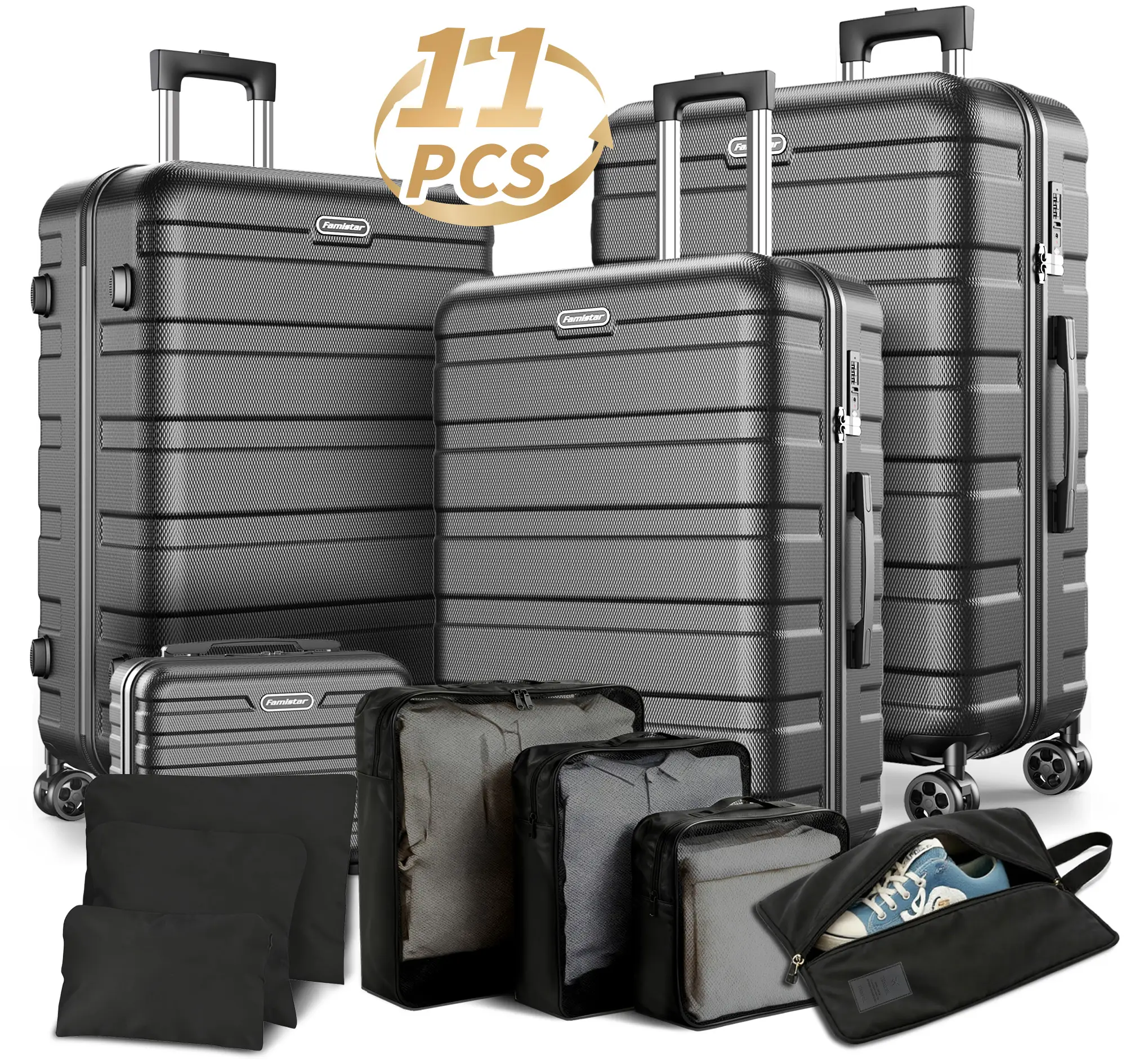 Famistar 11-Piece Luggage Set 4 Hard Shell Suitcases with Spinner Wheels & 7 Toiletry Bags Lightweight 100% ABS Construction Combination Locks Include