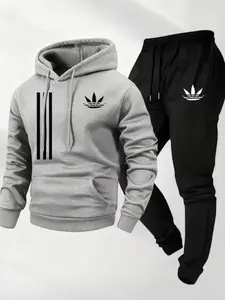 Men's Fleece Thick Hooded Sweatshirt & Pants Set, Casual Sportswear Two-Piece, Knit Polyester Fabric, Pattern Print, Fall&winter