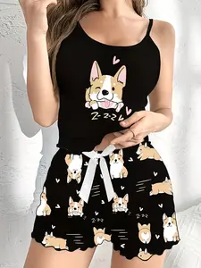 Women's Cartoon Dog Print Pajama Set, Strapless Top with Rolled Hem Shorts, Perfect for Holiday Parties, Comfortable Sleepwear Loungewear Pjs Womenswear