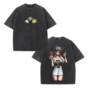 Tony Tony Chopper & Nami Washed T-Shirt – One Piece Anime Tee – Vintage Double-Sided Graphic, Oversized Unisex Cotton Shirt, Casual Crewneck Short Sleeve Top, Retro Manga Streetwear, Soft Comfortable