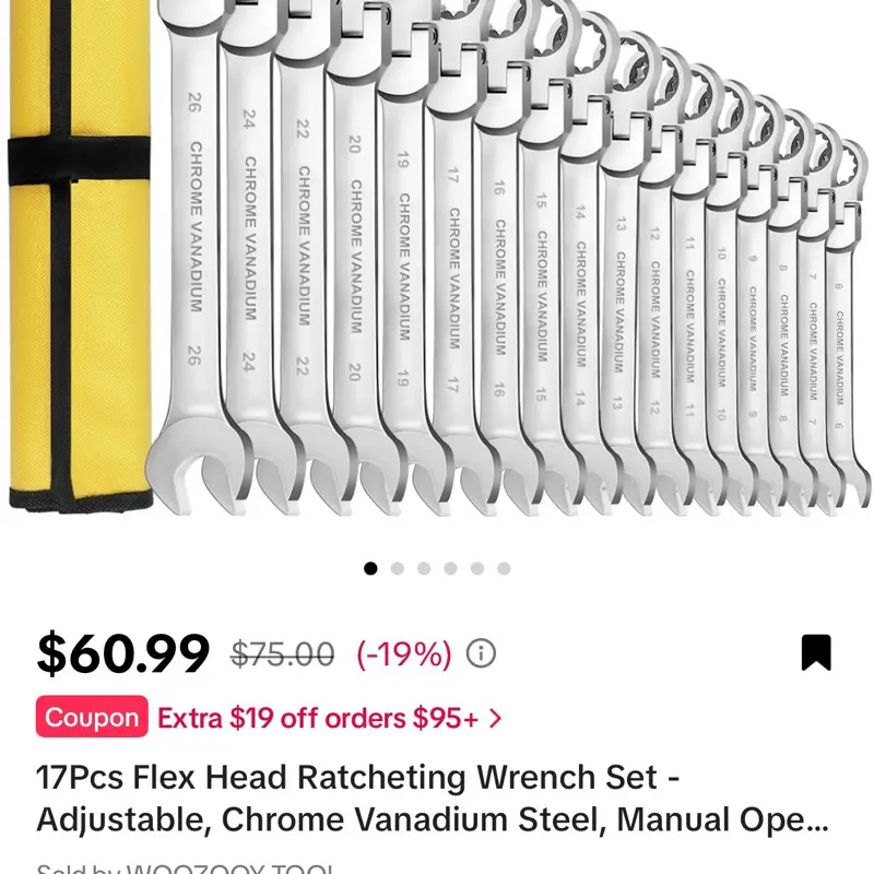 WOOZOO TOOL 17 Piece Flex Head Ratchet Wrench Set Adjustable Chrome Vanadium Steel Manual Open End Tools with Yellow Storage Bag