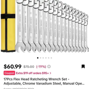 WOOZOO TOOL 17 Piece Flex Head Ratchet Wrench Set Adjustable Chrome Vanadium Steel Manual Open End Tools with Yellow Storage Bag