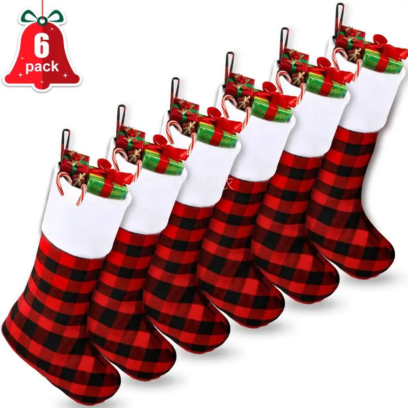 Christmas Stockings Set of 6, 18-in Vintage Red and Black Plaid, Heavy-Duty Fabric for Classic Family Holiday Decorations, 18-Inch