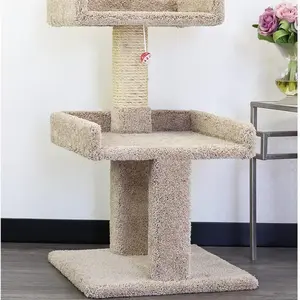 Maykoosh Cat Tree and Play Tower in beige, Artisanal Abode Spacious Cat Tree Perch for Large Cats, Durable Carpet Upholstered Cat Play Tower, Sturdy Wood Construction