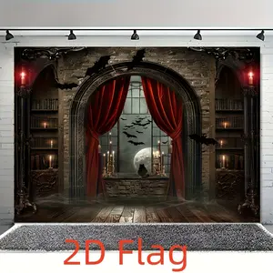 Halloween Magic Glow Backdrop - Durable Polyester Photo Booth Scene with Gothic Castle Design, Reusable Indoor/Outdoor Party Decor, Broom Silhouette Theme
