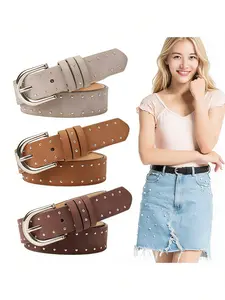 Double Row Rivet Pin Buckle Faux Fur Waist Belt, Simple Style Versatile Fashion Skirt & Jeans, Trendy Accessory for Women