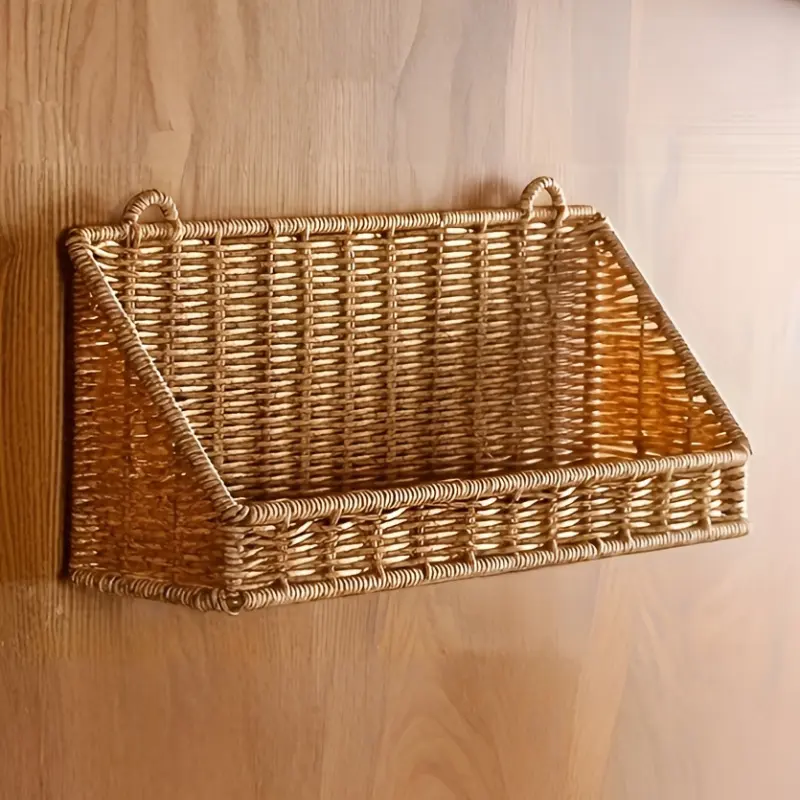 1pc Rustic Style Woven Hanging Basket with Hooks Wall Mounted Storage Organizer for Bathroom Kitchen Bedroom Living Room Decoration