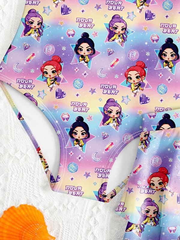 K-Pop Hunter Girl Group Swimsuit, Girls' Starry Sky Gradient Swimwear, Cartoon Character Print, Sweet Cool Two-Piece Bathing Suit, Swim Skirt Set