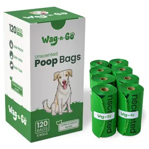 WAG-N-GO Poop Bags for Dogs, Thick & Leak Proof, Unscented Dog Waste Bags, Cornstarch Blend, 8 Refill Rolls (120 Count)