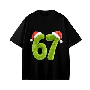 This Christmas T-shirt features the number 67 and a fun green fur pattern, perfect for little boys. It's a black cotton T-shirt with red and green "67" printed on it; a casual crew neck style that makes a perfect Christmas gift.