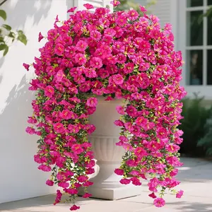 Six red lotus-shaped hanging artificial flower decorations, with UV-resistant morning glory flowers. Suitable for garden porches, balcony hanging decorations, and garden plant decorations.