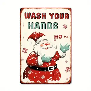 2D Flat, Vintage Santa Claus Washing Hands Metal Sign - Retro Red & Teal Christmas Bathroom Decor - Easy-Hang Holiday Decoration for Farmhouse, Kitchen, or Door - 8x12 Inches (20. 32x30. 48cm) - Promotes Hand Hygiene - LCX01, Christmas Decorations for Bat