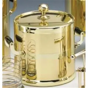 Kraftware  Shiny Brass 3 Quart Ice Bucket with Wood Side Handles Bands and Metal Cover