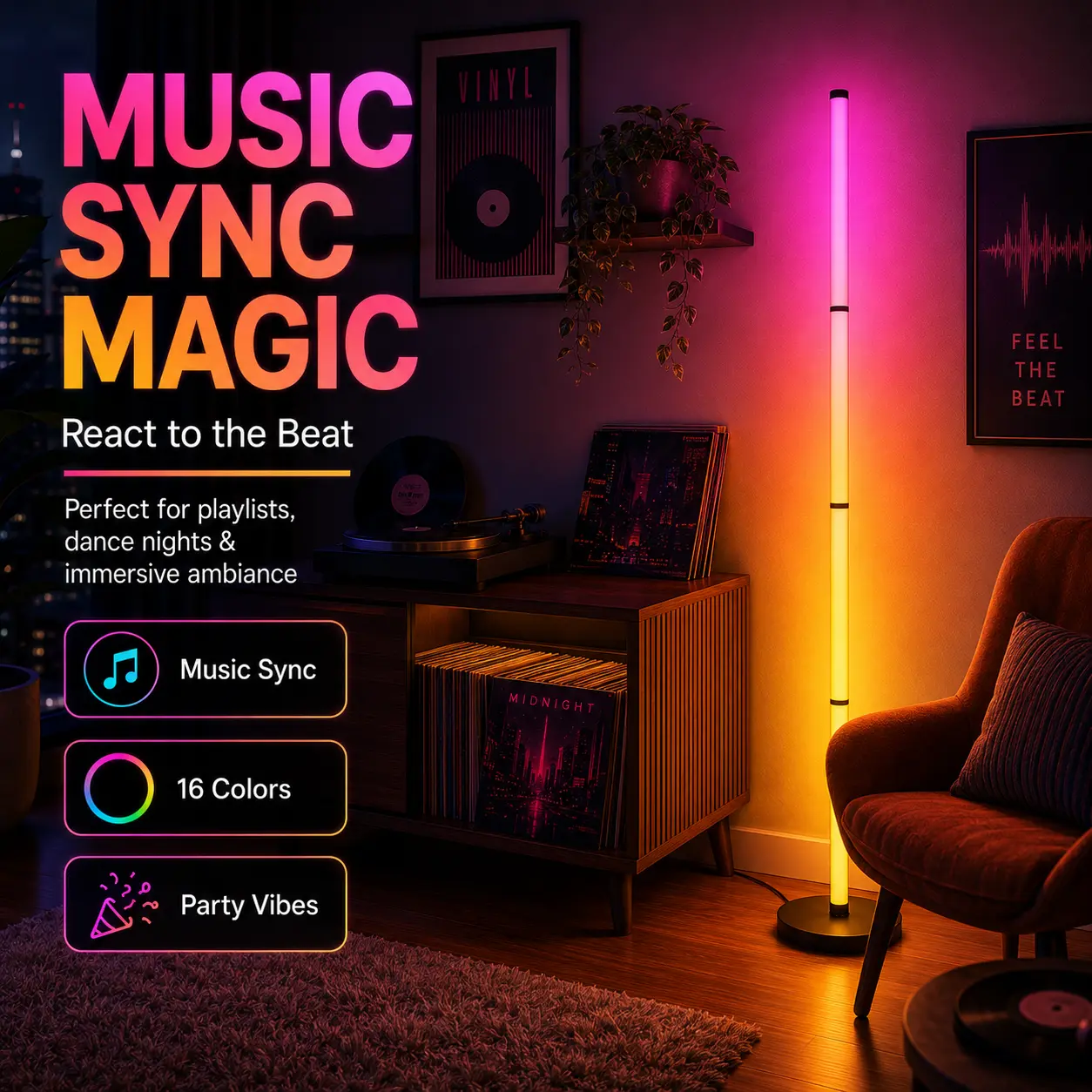 Smart LED Floor Lamp with RGBIC Color Effects, App & Remote Control Corner Lamp, Modern Mood Lighting for Gaming Room, Bedroom, Office and Living Space