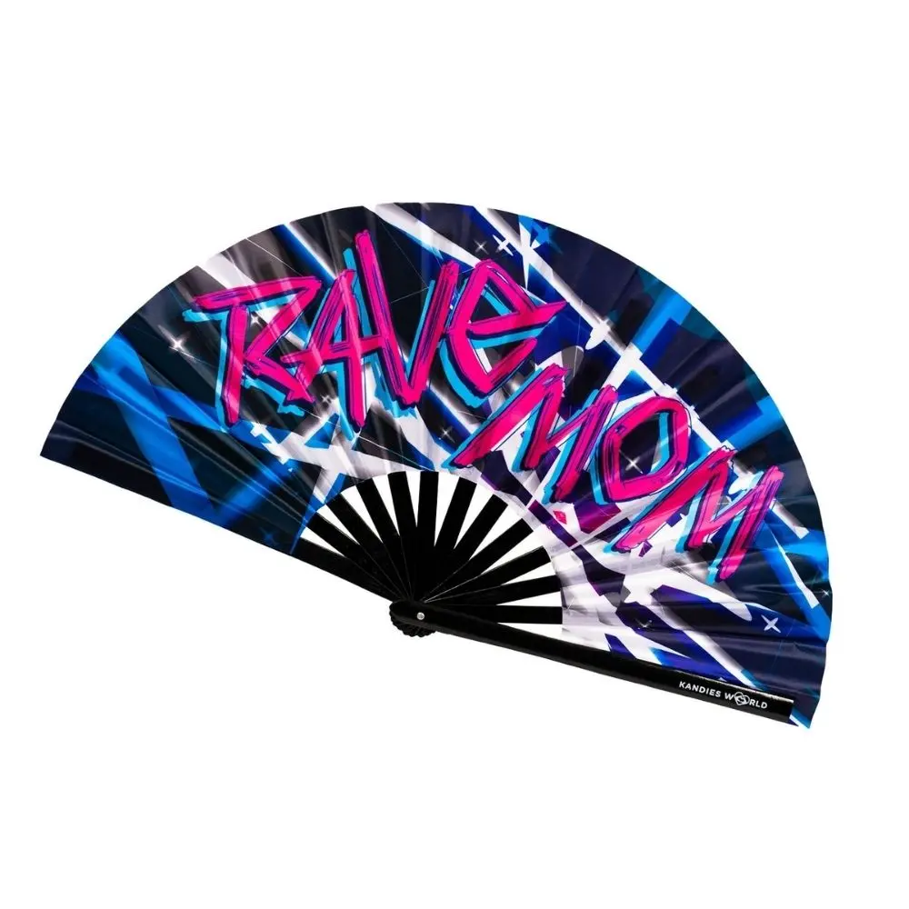 Kandies World Rave Mom Custom Print Bamboo Hand Fan - UV Reactive, High-Quality, Lightweight, Portable, 1 Size Fits All Cooling Aid for Festival Moms, Adults, 25x13.5in Household Fan Accessory, Accessories, Vibrant