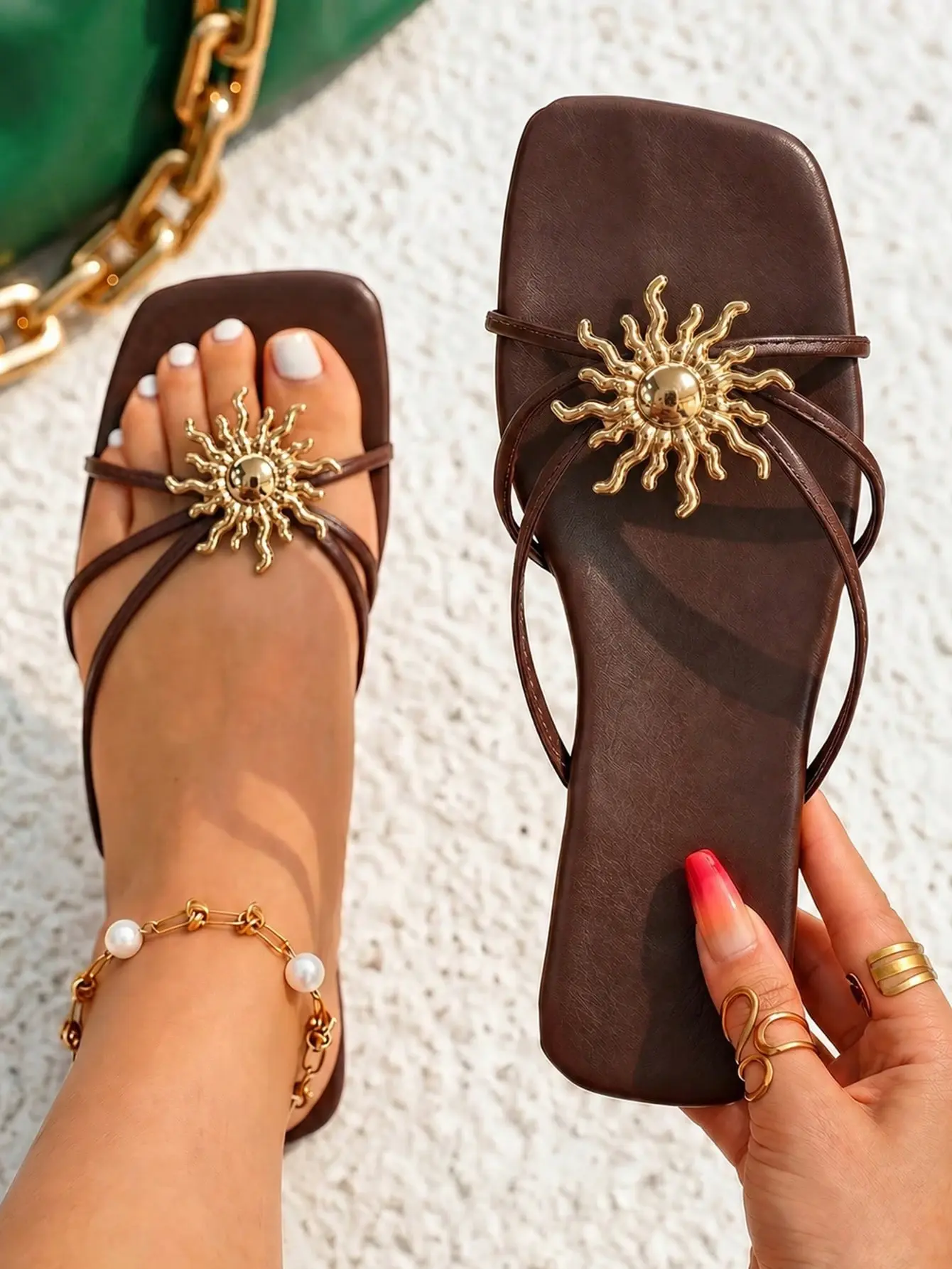 RETRO Women's Summer Design Metal Sunflower Decor Slip-On Square Toe Thong Strap High Heel Brown Sandals