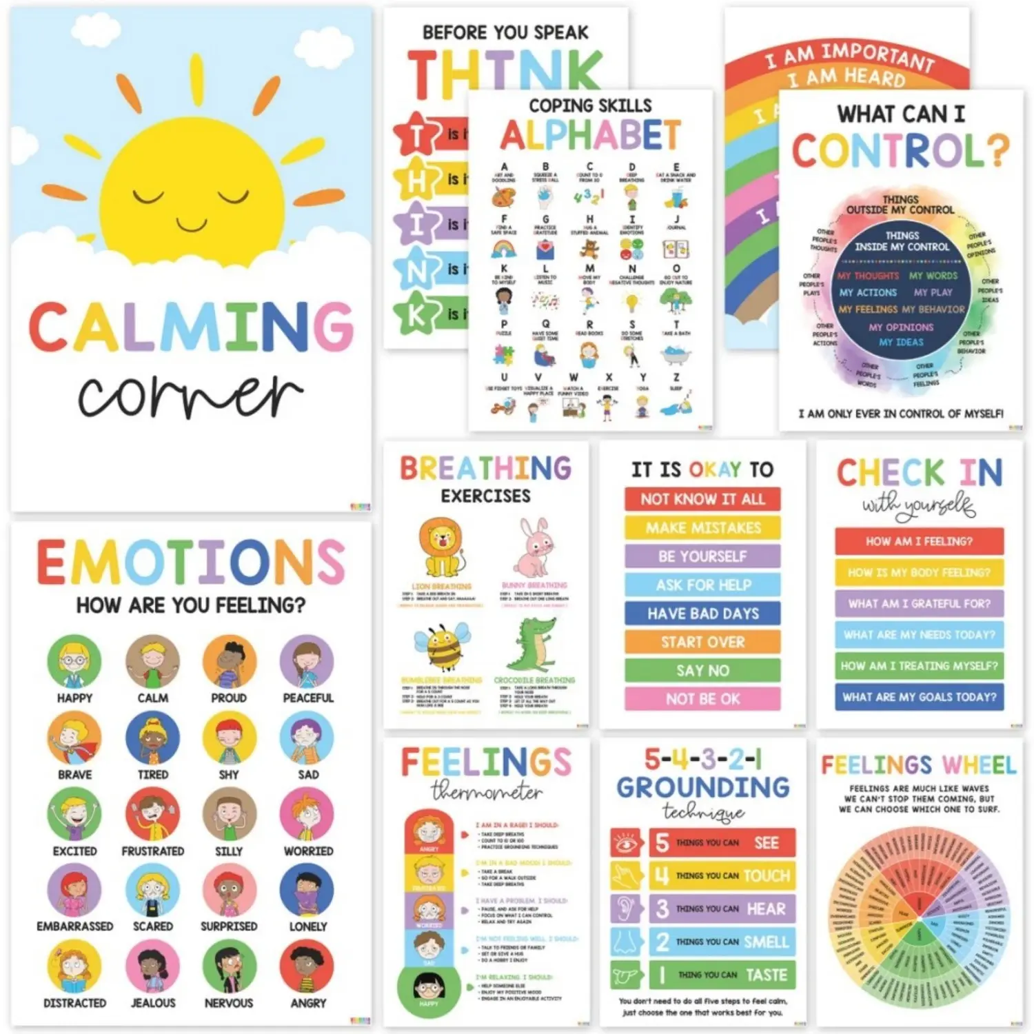 Think Before You Speak Calming Corner Poster Feelings Chart for Classroom Coping Skills Alphabet Social Emotional Learning Wall Art for School Counselor and Therapy Office Teaching Supplies