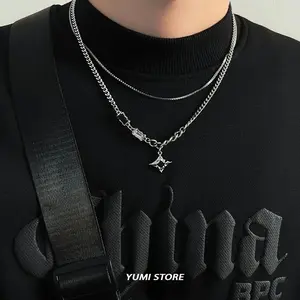 Hip Hop Zircon Star Double Layer Necklace For Men Women   Charm Titanium Steel Pendant Chain Unisex Jewelry