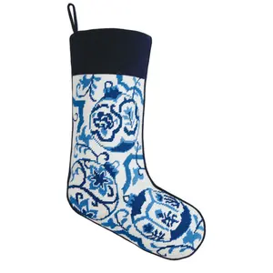 Blue and White Chinoiserie Ornament Embroidered Needlepoint Christmas Stocking