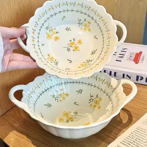 2 pieces of 9.25-inch double-handled soup bowls, Nesting salad bowls, Bowl Set, with small yellow flower patterns, light yellow, cute, practical and versatile, suitable for various foods, ideal for spring, and microwave-safe