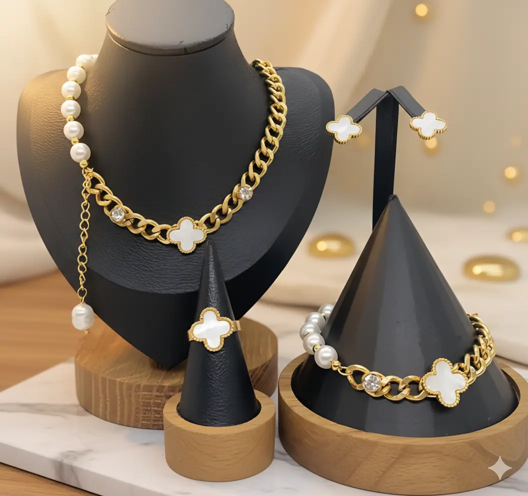 Women's 4-Leaf Clover Motif Pearl Accent Jewelry Set - 18K Gold-Plated Stainless Steel Cuban Link Chain Necklace, Bracelet, Earrings, Adjustable Anti-Tarnish Ring, Casual-Formal Gold Cuban Chain Gift Set