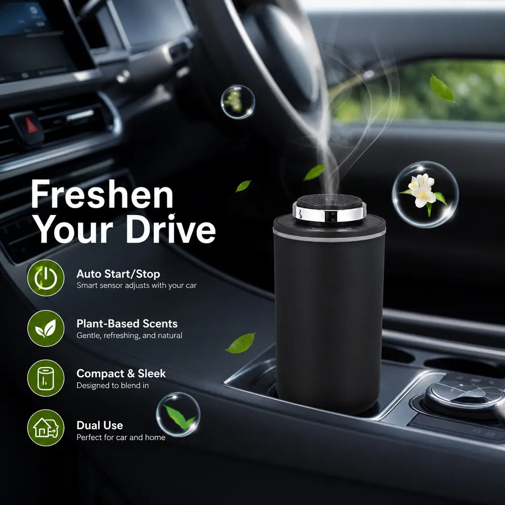 USB-C Car Air Freshener Diffuser with Ambient Lighting, USB-C Power, Quiet Auto On/Off, Warm Light, Cup Holder Fit for Car/Home Use, Car Fragrance, Cool Car Accessories