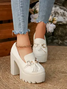 Women's Fashion Elegant Classic High Heels, Metal Decor Faux Fur Design, Stage Style Thick Sole Punk Shoes, All Season Wedding Comfortable Wear, Tassel Shoes