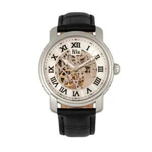 Reign Kahn Automatic Leather-Band Skeleton Watch with Roman Numerals and Black Leather Strap