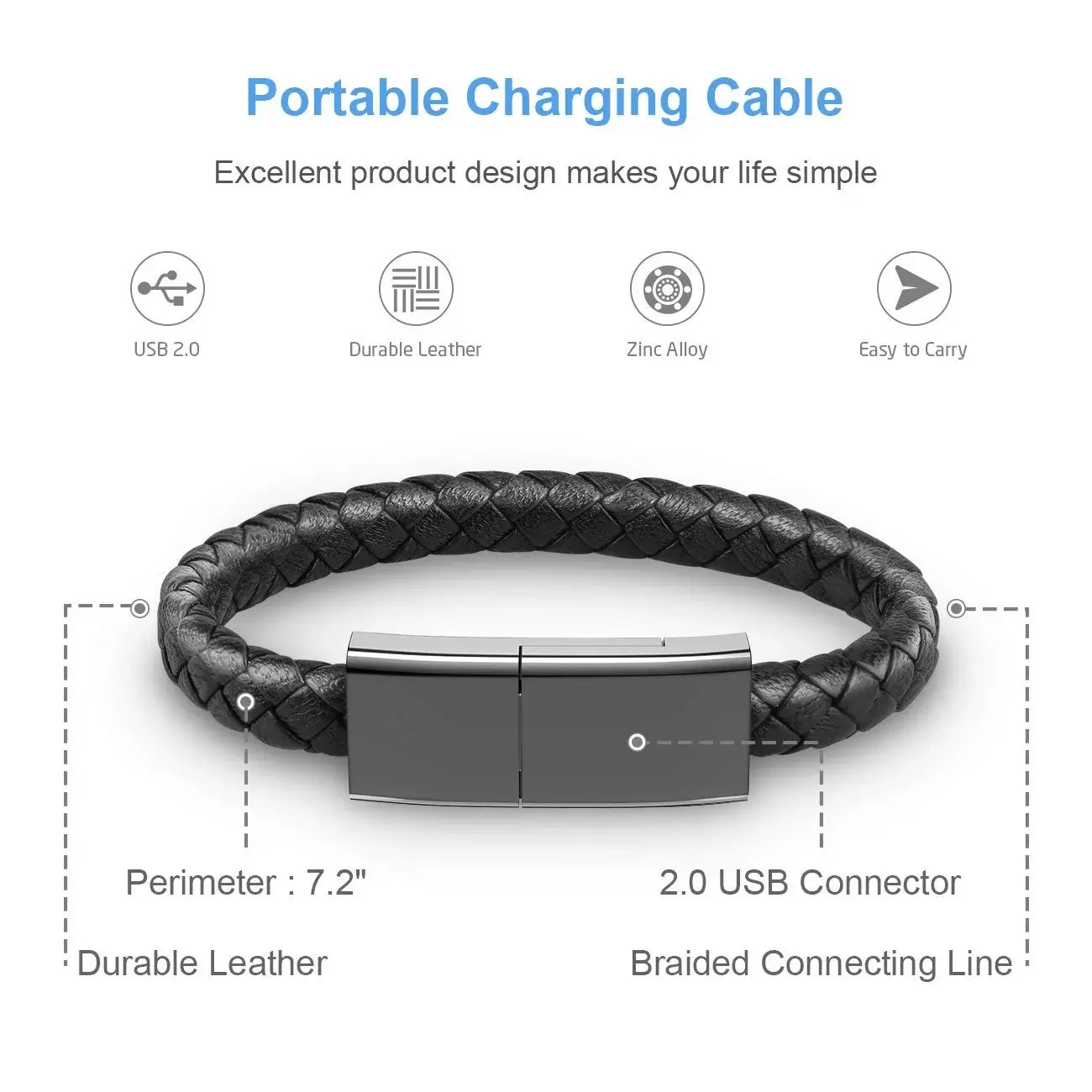 USB Portable Leather Charging Bracelet; Wrist Data Charger Cord