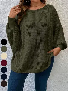 ??Plus Size?? Solid Batwing Sleeve Boat Neck Sweater, Fall Outfits,?Casual Long Sleeve Jumper for Fall, Women's Plus Clothing for Daily Wear,?Back To School Outfit