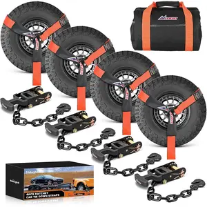 Nilight Car Tie Down Straps with Chain Hook Anchors 4 Pack Adjustable Wheel Straps 2 Inch x 96 Inch Lasso Style 3,674 lbs Safe Working Load Comes with Bag for Truck Cars UTV Orange