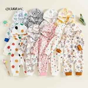 Baby Boy Girl Fleece Romper Cute Animal Pattern Long Sleeve Hooded Jumpsuit Warm Infant Winter Sleepwear Clothes