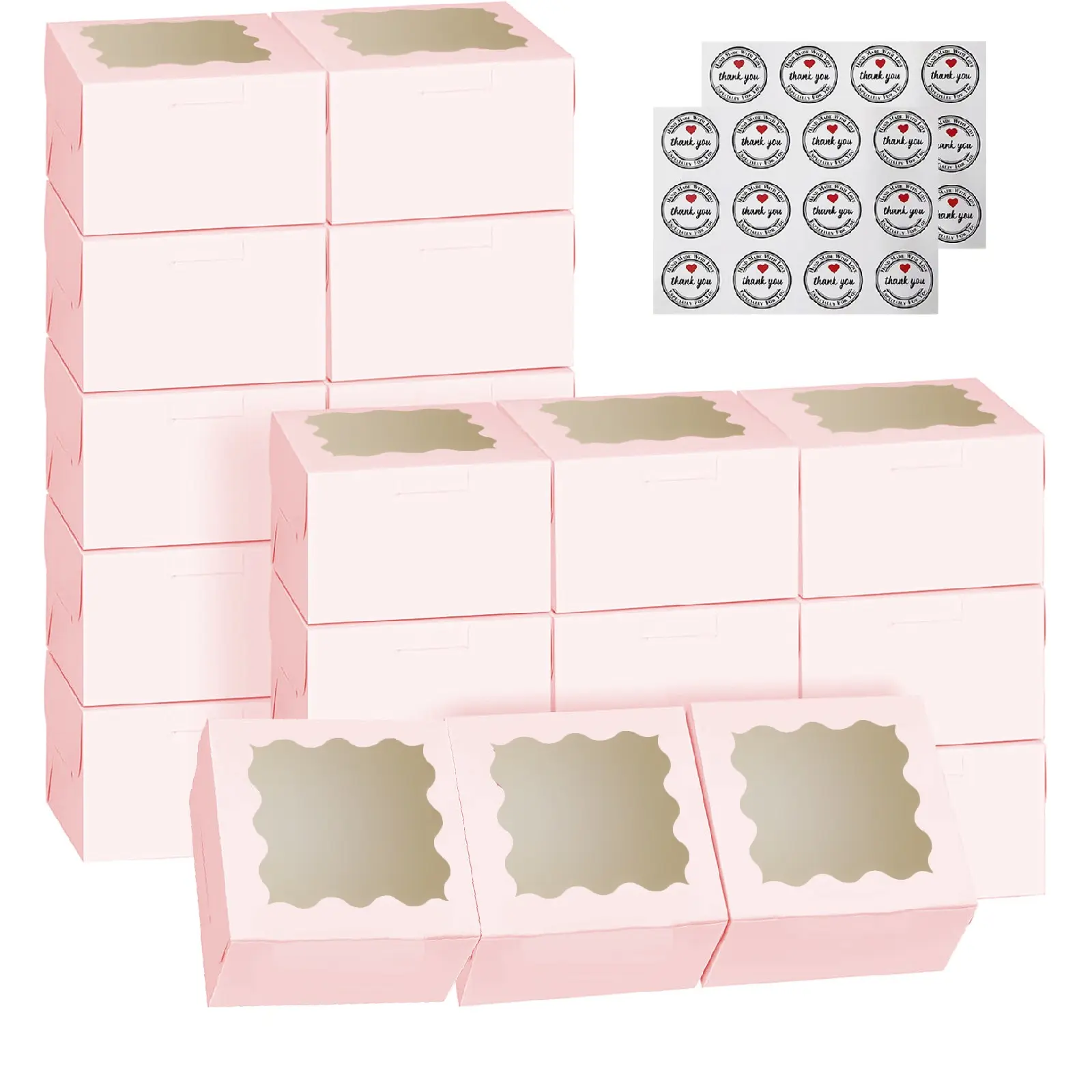 24set/48set Pink  Cookie Boxes with Window, White Bakery Boxes, Strawberry boxes,Boxes for Strawberries and Pastries Baking Supplies(3.39x3.39x2.48 Inch)