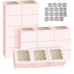 24set/48set Pink  Cookie Boxes with Window, White Bakery Boxes, Strawberry boxes,Boxes for Strawberries and Pastries(3.39x3.39x2.48 Inch)