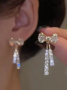 Bow Decor Dangle Earrings, High Quality Earrings, Elegant Rhinestone Decor Drop Earrings for Women, Fashion Jewelry for Party, Daily Birthday Gift