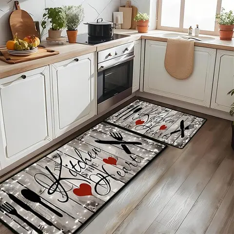 2 counts Jf Tz01 2pc Farmhouse Kitchen Rug Set, Non-Slip Washable Standing Mat, Wood Print Floor Mats for Bathroom & Kitchen, Home Decor Gift  Valentine' s Day Valentino Decor Gift, Kitchen Rugs Set