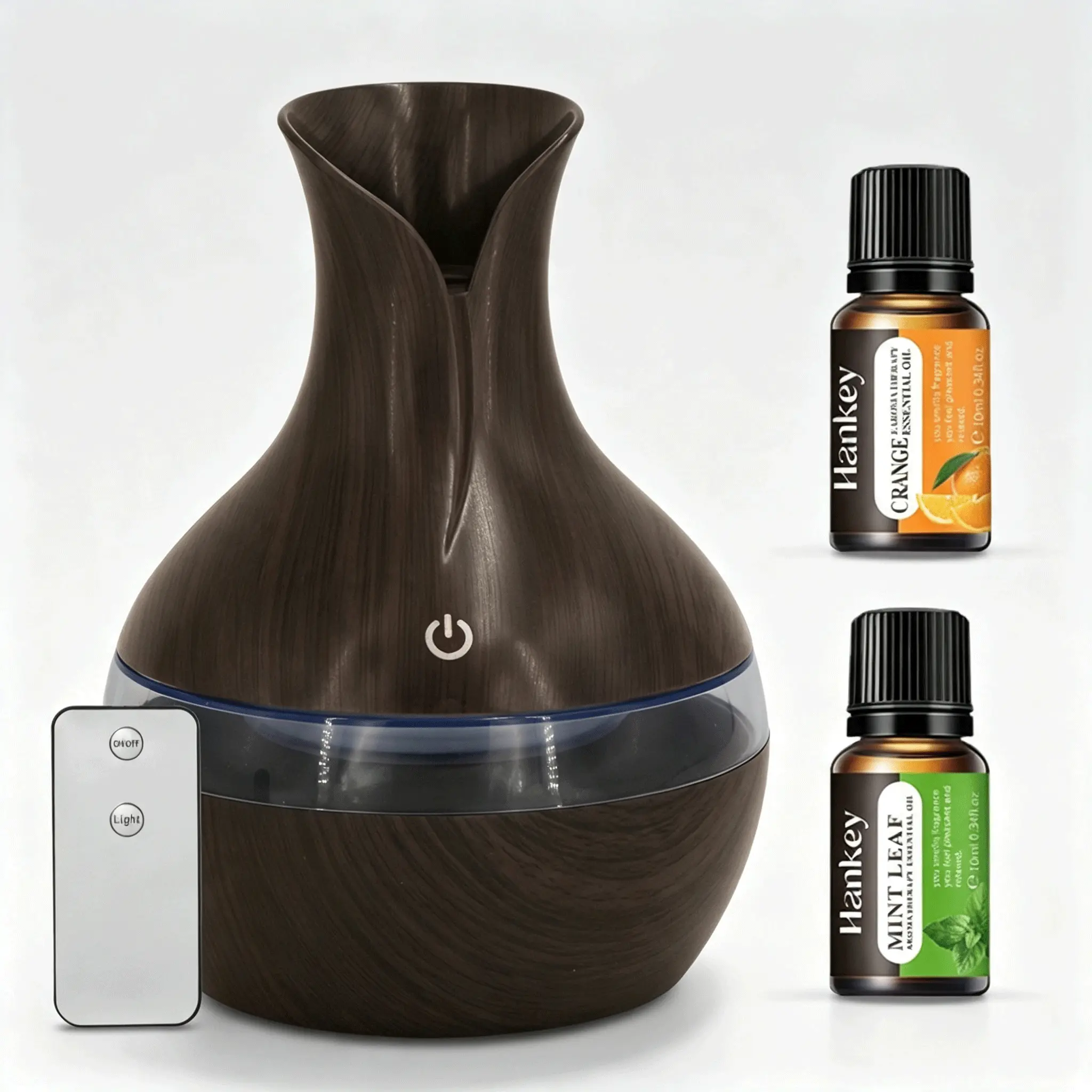 300ml Compact Vase-Shape Dark Wood Grain USB-Powered Ultrasonic Essential Oil Diffuser & Humidifier Combo, Remote Control, 7-Color LED Night Light, 35dB Quiet, Auto Shut-Off, Mist + Light Modes, Includes 2 Essential Oil Bottles for Bedroom Office