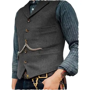 Mens Suit Vest Waistcoat Tweed Retro V Neck Wool Herringbone for Prom regular fit casual style retro western jacket Men's Full Zip Mid Stretch Cardigan