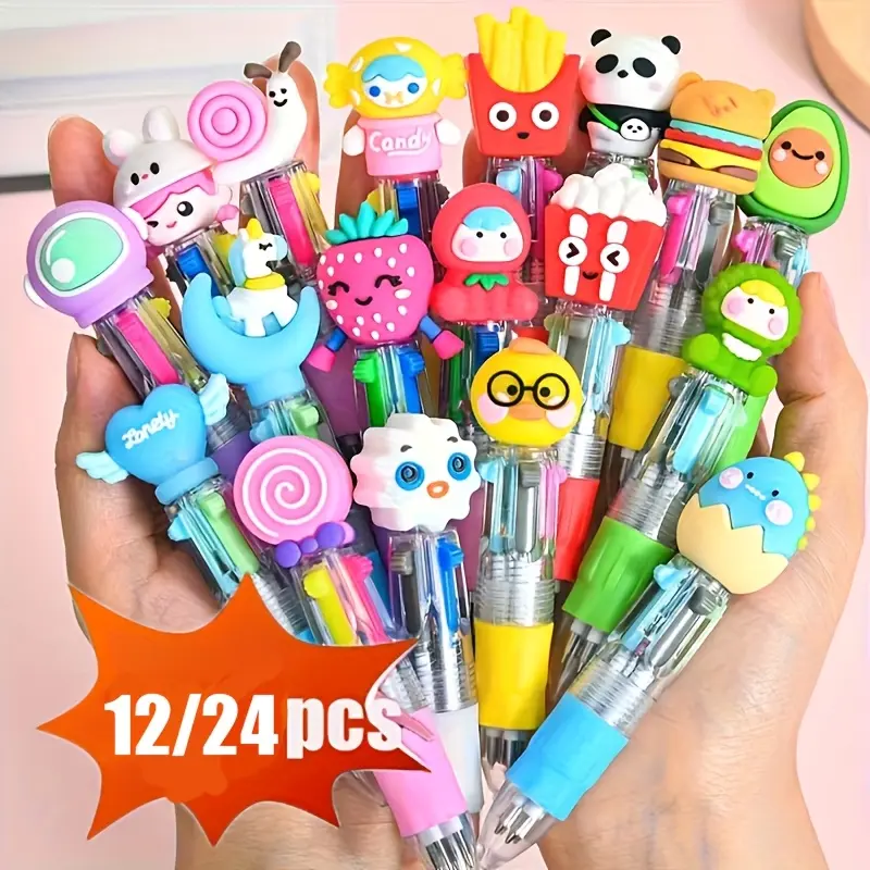 12/24-Pack Assorted 4-in-1 Multicolor Ballpoint Pens — A Set of Cute, Cartoon-Themed Novelty Pens Stationery Writing Tools, Ideal as Stationery Gifts for Classroom Rewards or Birthday Party Favors.