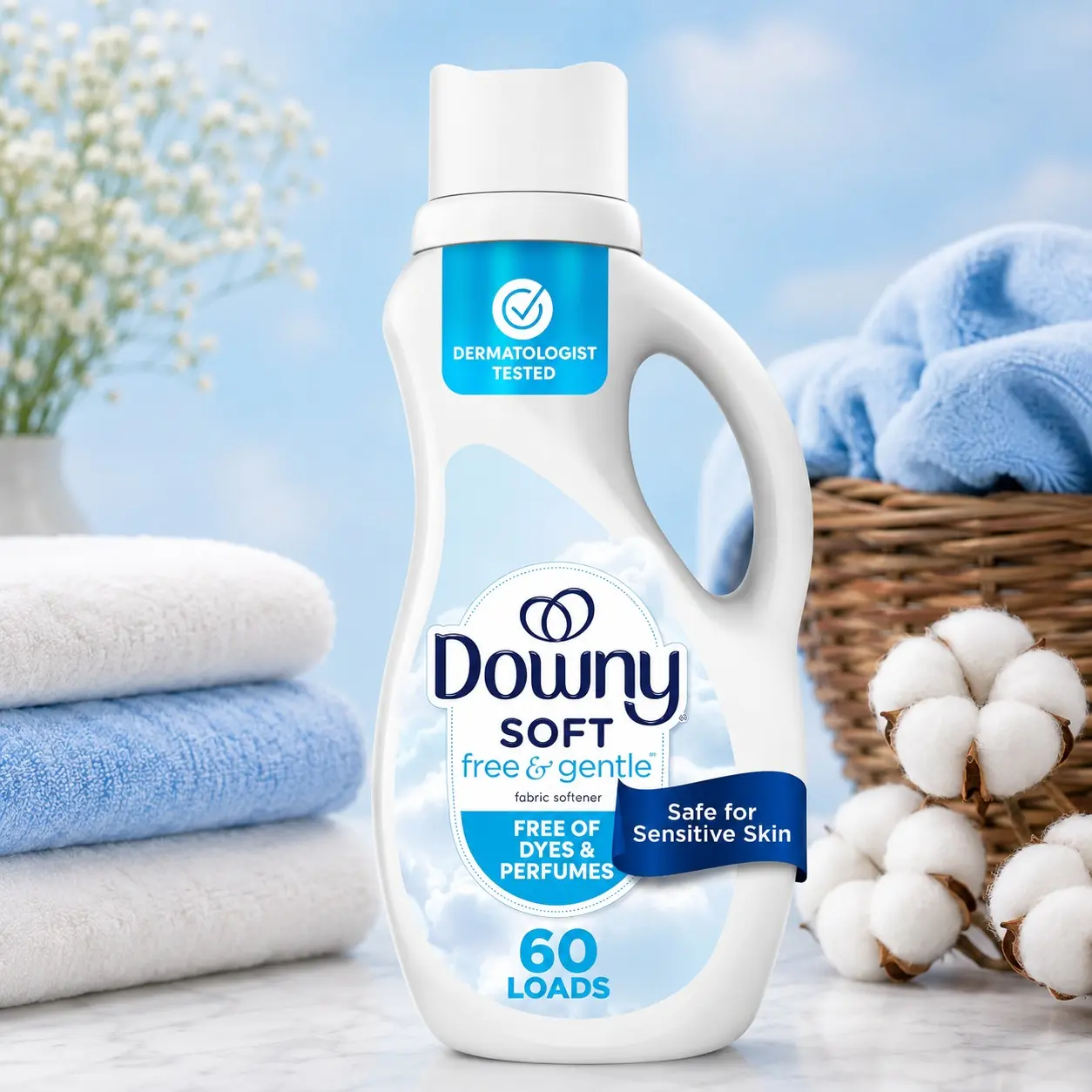 Downy Free & Gentle Liquid Fabric Softener, 44 Fl Oz, 60 Loads, Hypoallergenic Laundry Softener for Sensitive Skin