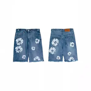 American High Street Trendy Brand Kapok Printed Jeans Men And Women Loose Casual Denim Shorts Trendy Five-point Pants