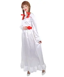 Adult Women's Evil Doll Cosplay Costume - Long Sleeve Maxi Dress, Satin-Feel Outfit, Creepy Doll Costume for Halloween, Scary Doll Women's Clothing