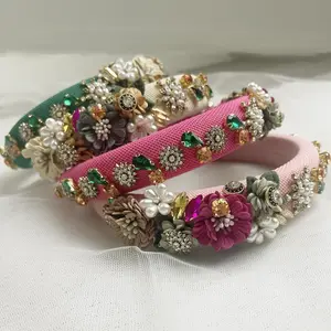 Vintage Flower Headband with Gemstone Rhinestone, Pink, Fuchsia, Beige, Green, Pearl Headband, Valentine Gift
