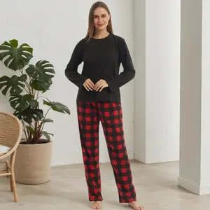 Womens Fleece Pajama Sets Super Soft Long Sleeve Black Shirt Comfy Cute Pajamas Pants Winter Warm Pjs Sleepwear