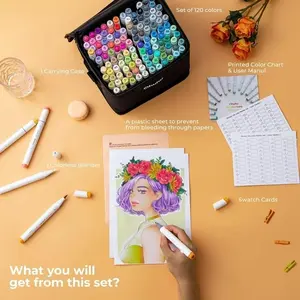 Ohuhu Honolulu 120-Color Dual Tips Alcohol Art Marker Set with Brush & Fine Tips Refillable Ink Perfect for Artists Adult Coloring with Colorless Blender & Carrying Case