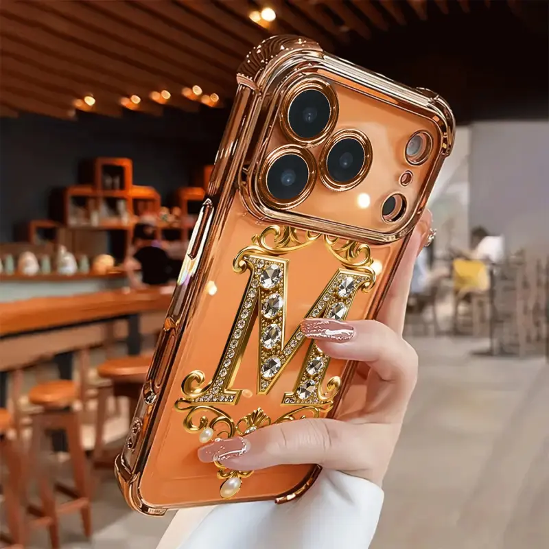 Luxury Diamond & Gold "M" Design Soft TPU Cellphone Case - Soft TPU Cover, Drop-Safe Cover, Full-Coverage Lens Protector, Shockproof, Non-Slip Casing, Ideal Gift for iPhone 17,16,15,14,13,12,11,XS,X Series, Fits Iphone